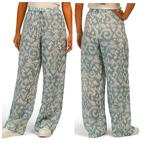 Zara Women's White Blue high waist Drawstring Wide Leg Ramie pants size Medium